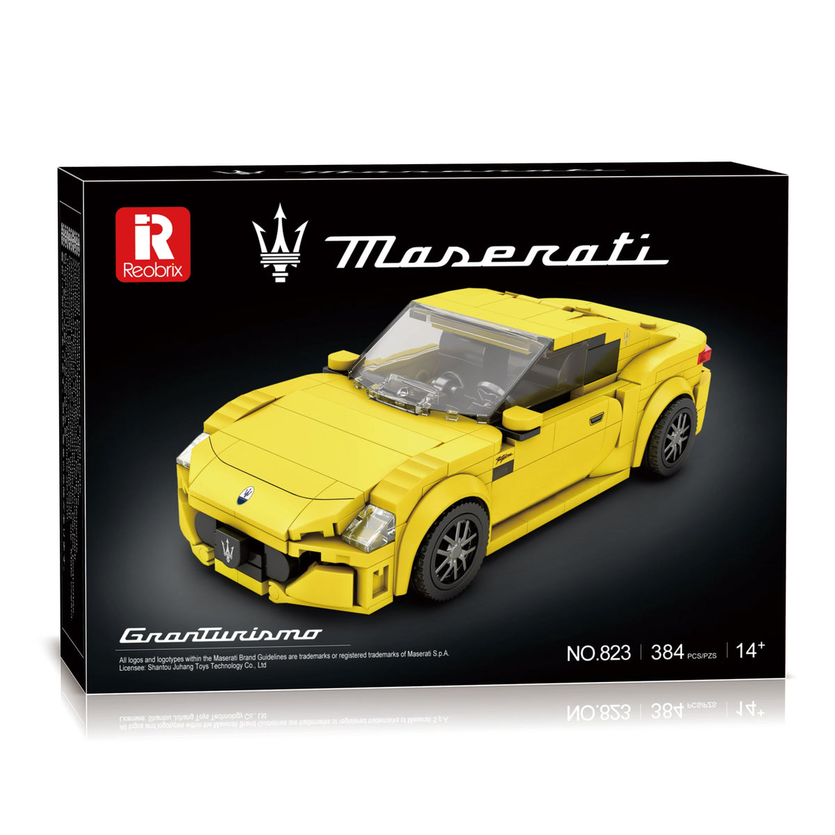 Boîte de jeu de construction NovaBrik REOBRIX 823 représentant une voiture de sport Maserati GranTurismo jaune