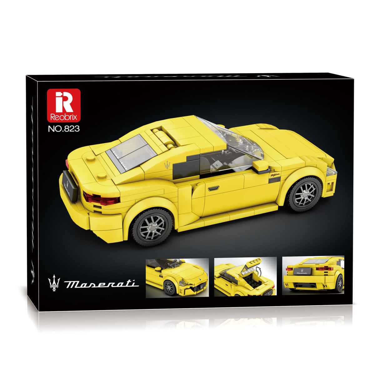 Boîte de jeu de construction NovaBrik REOBRIX 823 représentant une voiture de sport Maserati GranTurismo jaune en briques