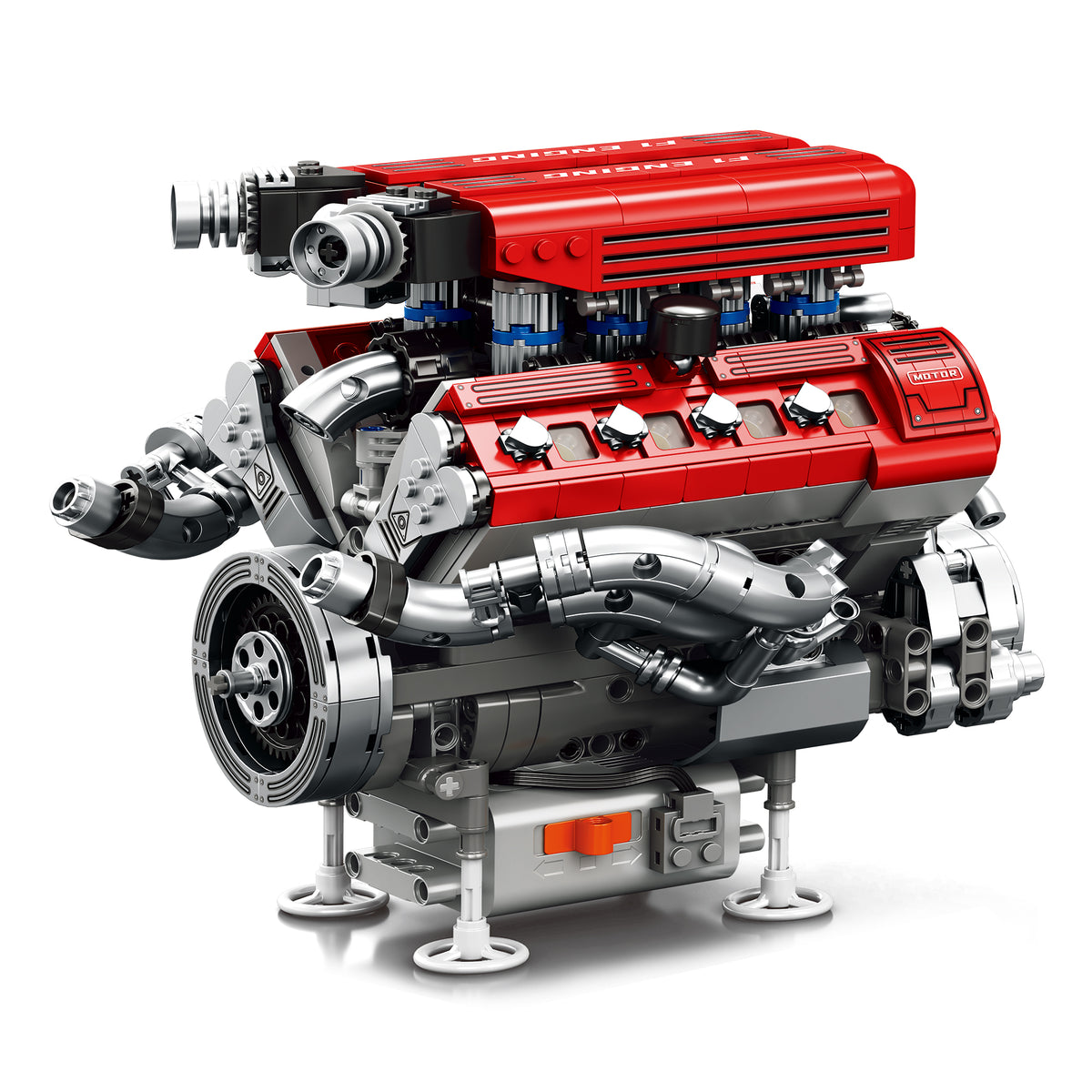 Modèle de moteur V8 en briques, rouge et gris, vue de côté sur support