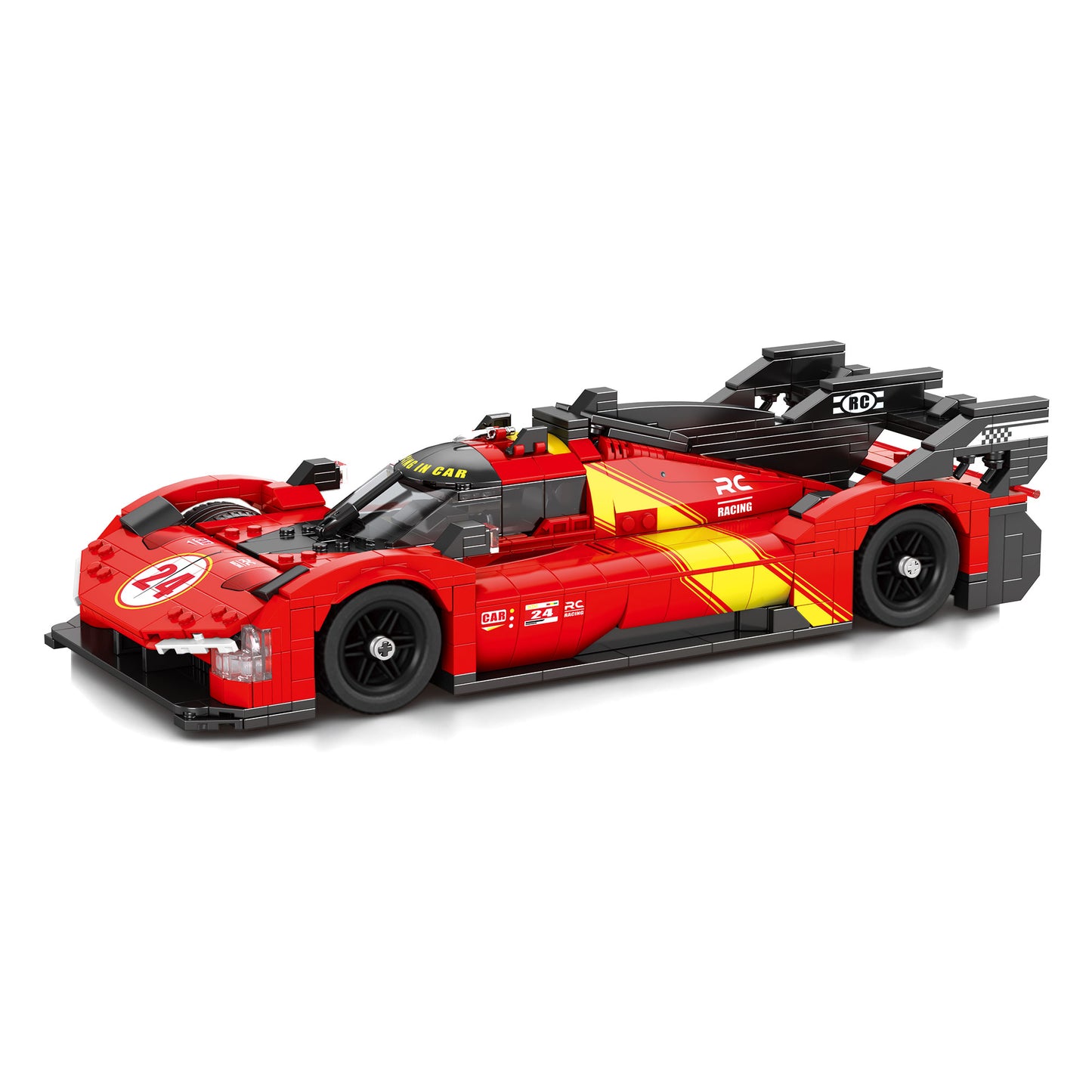 Briques HyperCar REOBRIX rouge, intérieur noir, pare-brise sombre et bandes jaunes
