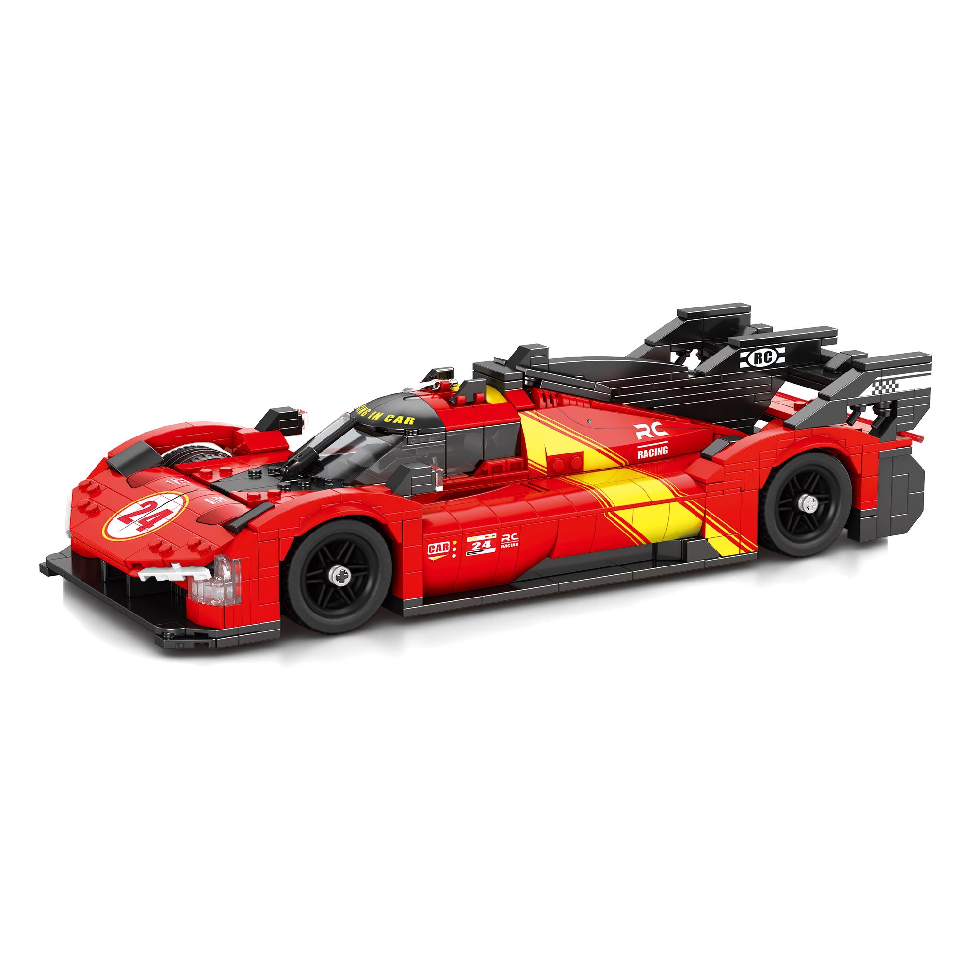 Briques HyperCar REOBRIX rouge, intérieur noir, pare-brise sombre et bandes jaunes