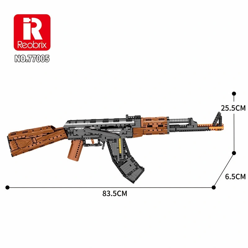 Fusil d’assaut AK-47 en briques avec schéma de dimensions, logo et repères de taille