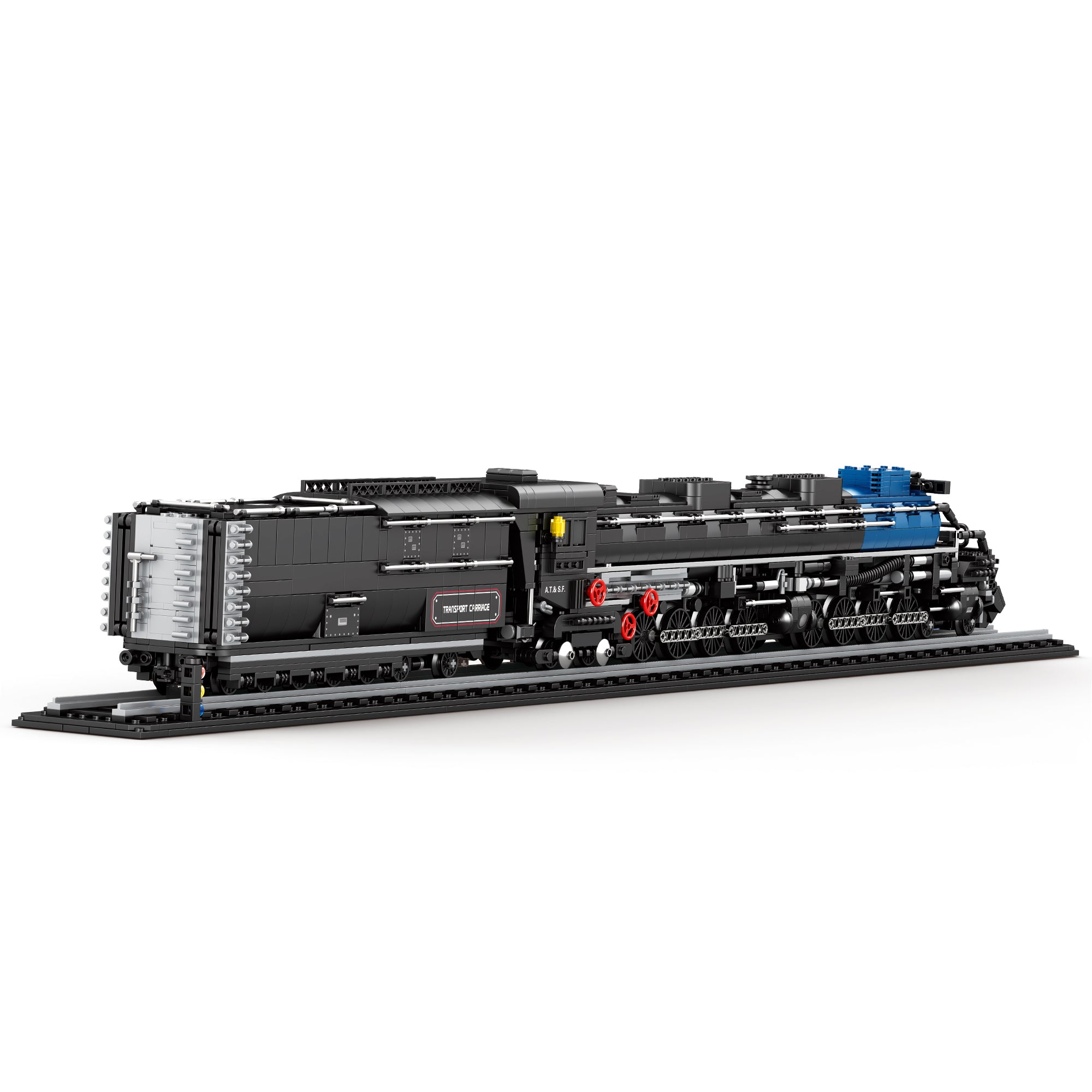 Locomotive à vapeur REOBRIX noire et bleue avec tender gris, vue latérale.