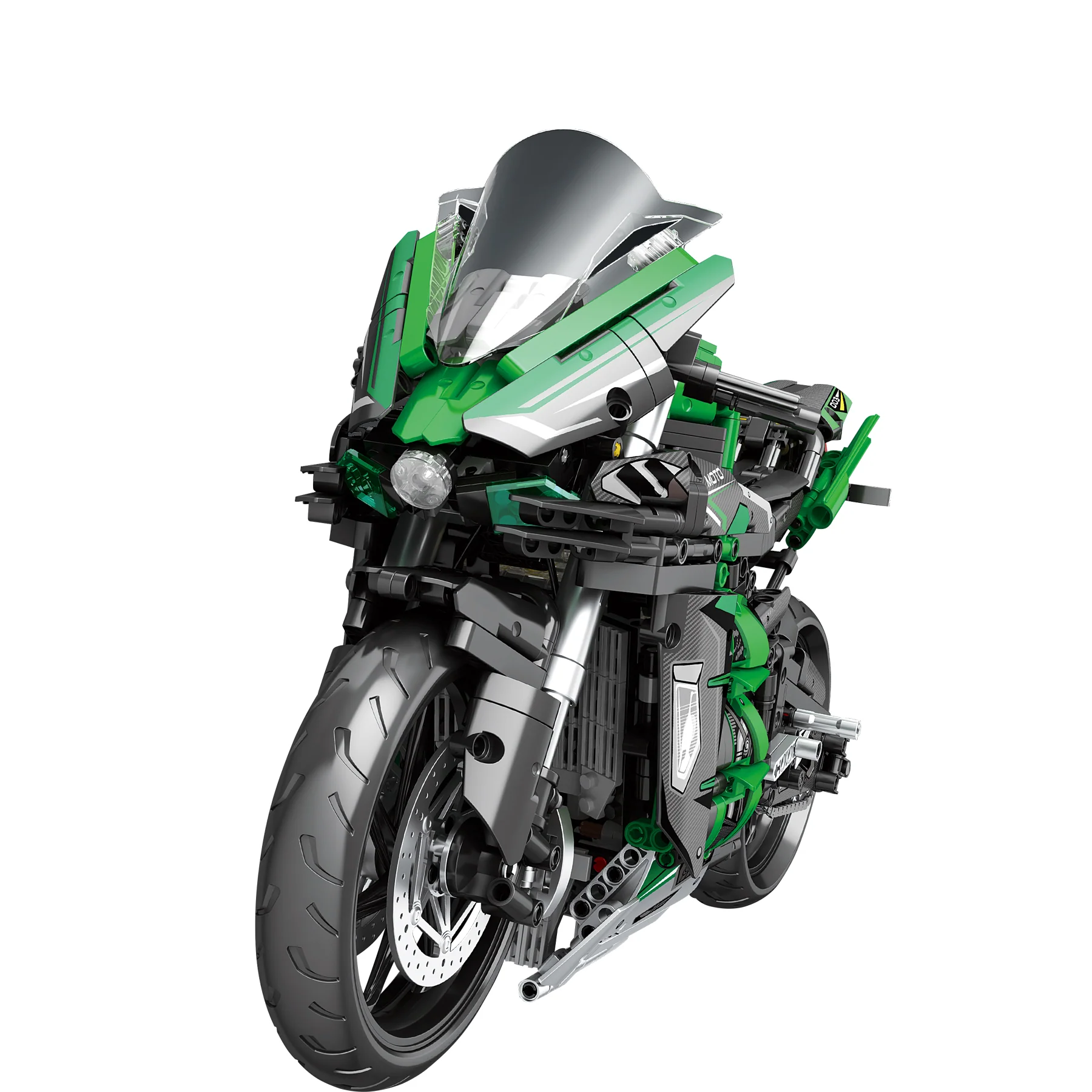 Moto en briques Technic vue 3/4 avant, verte et grise, carénage et phare argentés