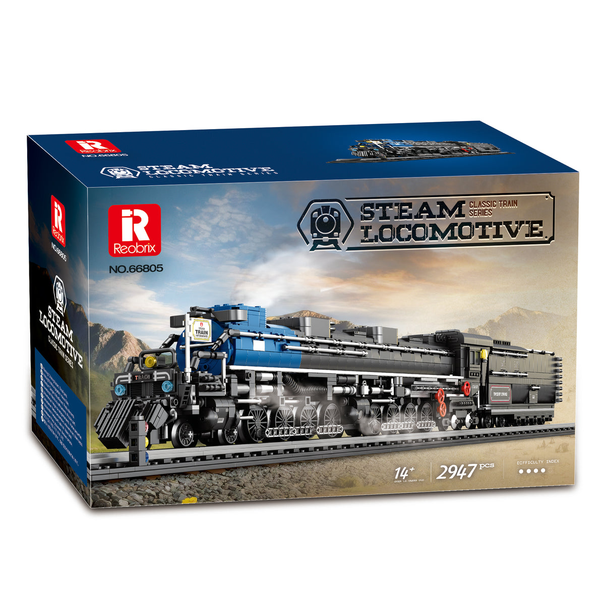Boîte locomotive à vapeur REOBRIX, design bleu, 2947 pièces.
