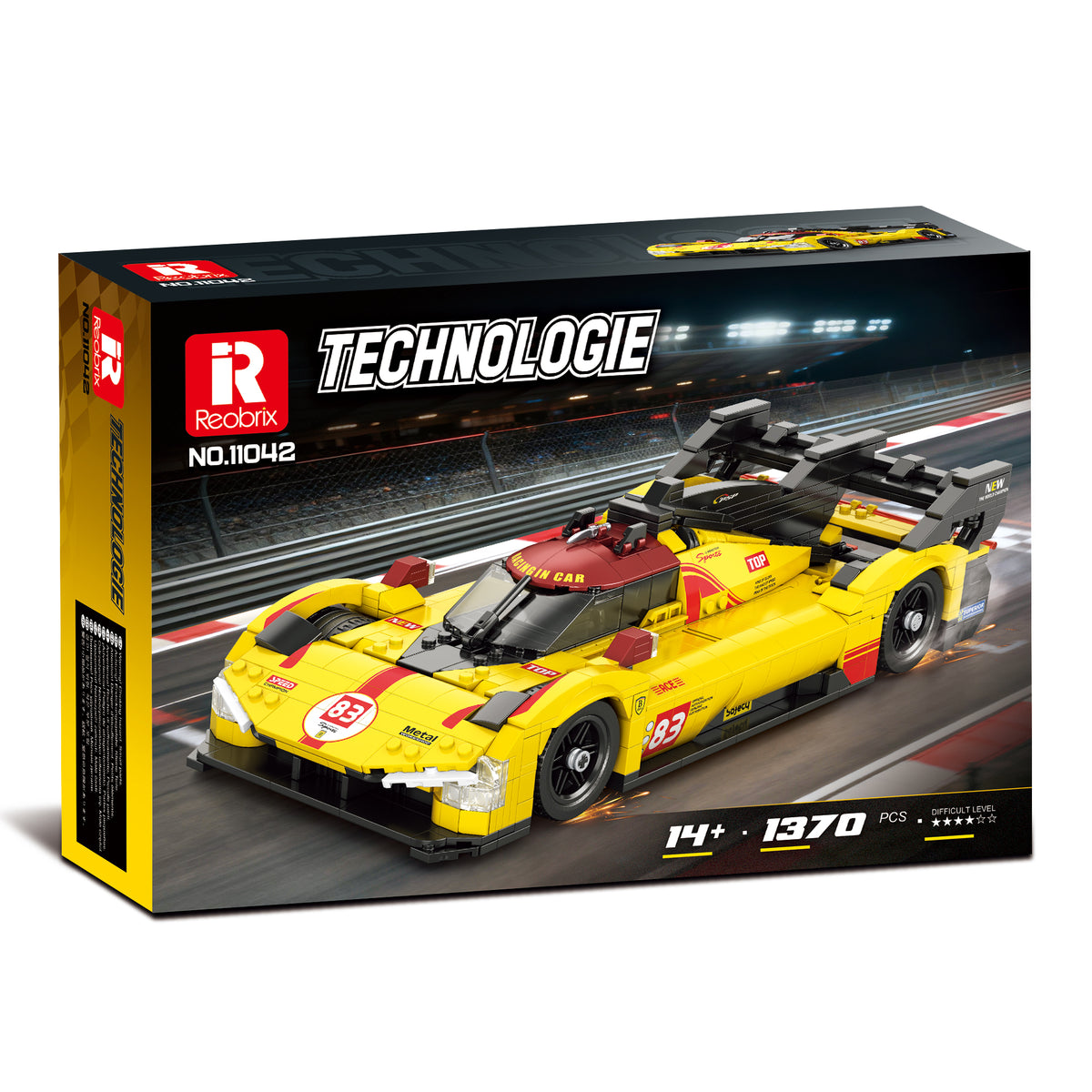 Boîte de construction REOBRIX avec voiture hypercar jaune et noire en briques