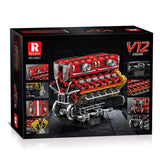 Boîte de construction moteur V12, vue partielle interne, rouge, noir et jaune