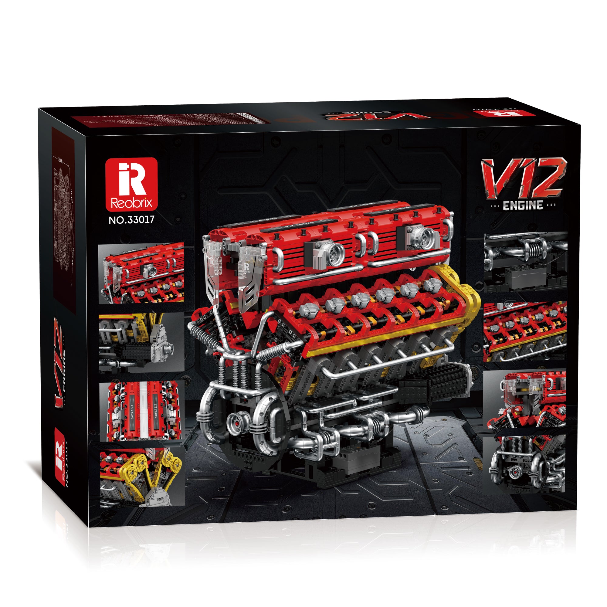 Boîte de construction moteur V12, vue partielle interne, rouge, noir et jaune